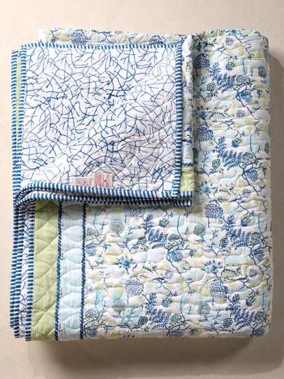 Blues and parrot kamal phool mulmul quilt (floral jaal)