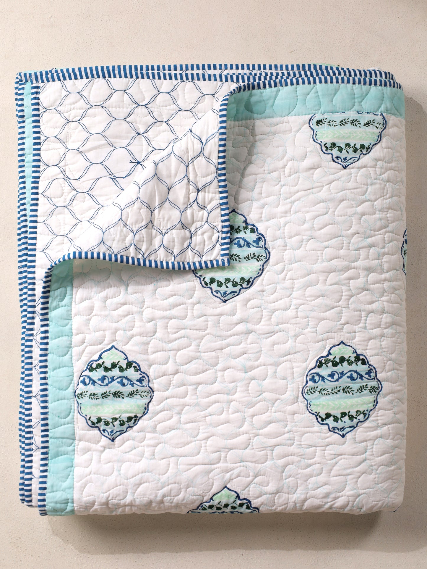 Blue and green heera jaal motif mulmul quilt