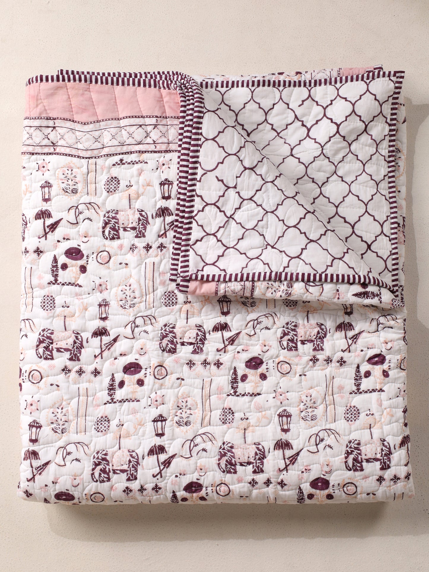Lilac and maroon scattered ethnic mulmul quilt