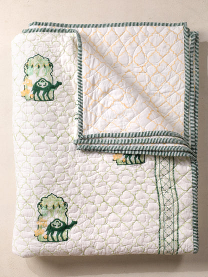 Green and yellow jharokha motif mulmul quilt