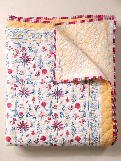 Magenta yellow and blue nariyal tree mulmul quilt (scattered floral)