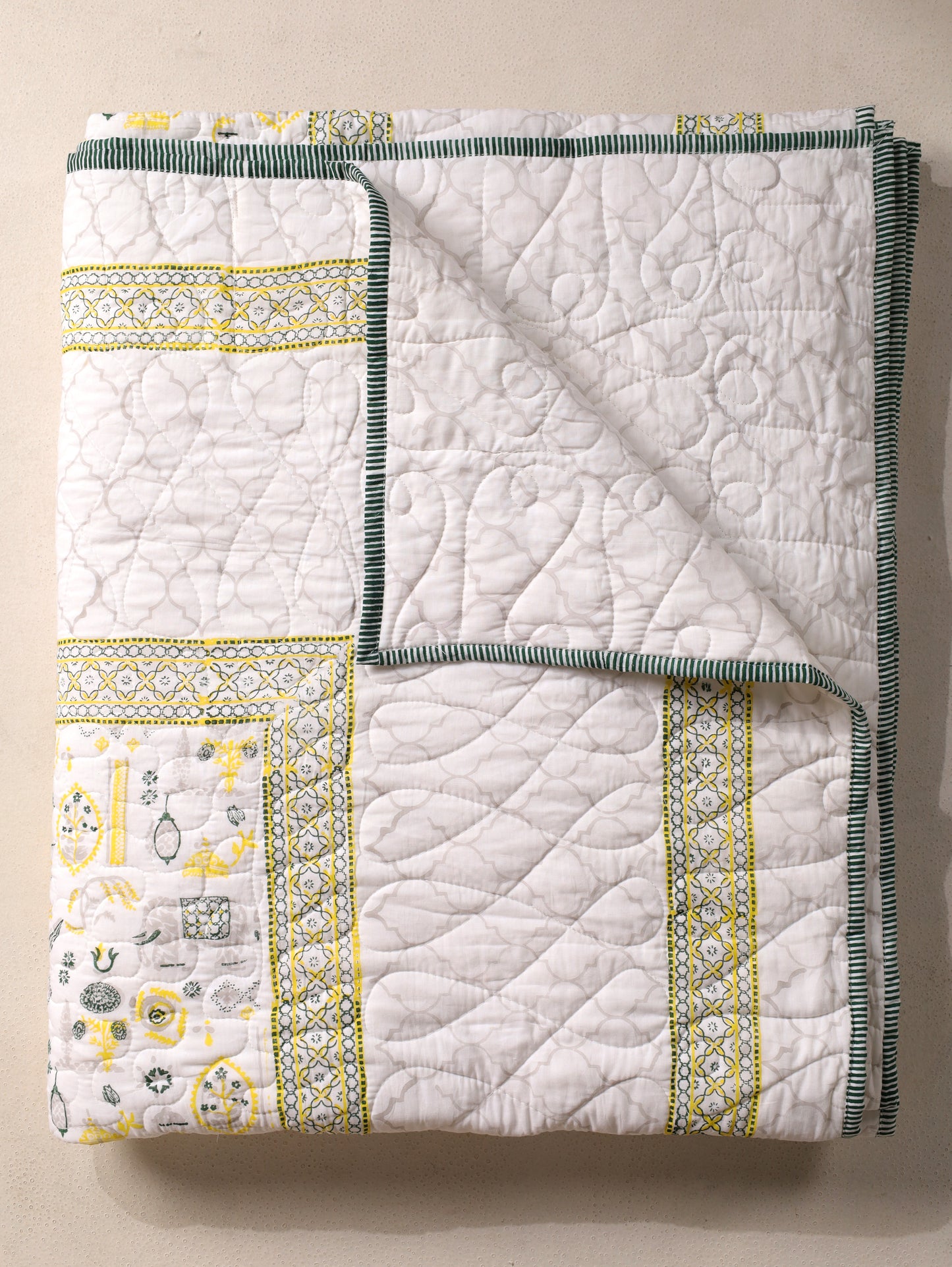 Grey green and yellow scattered ethnic mulmul quilt