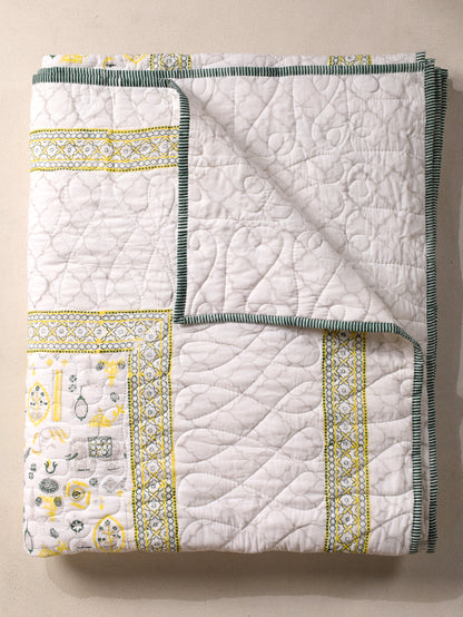Grey green and yellow scattered ethnic mulmul quilt