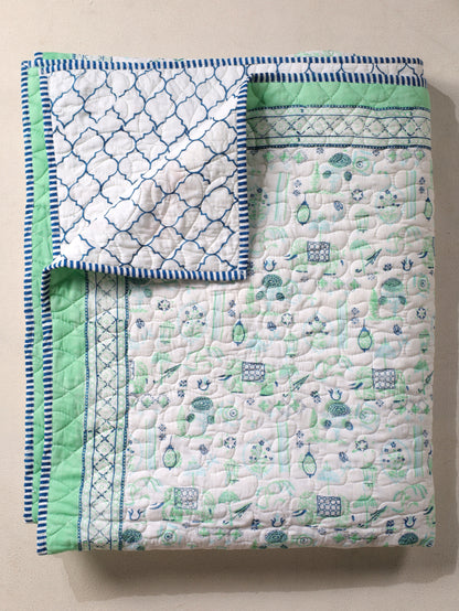 Blue and sea green scattered ethnic mulmul quilt