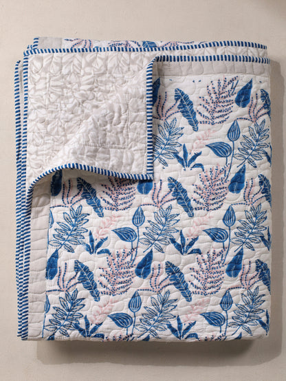 Blue and pink forest garden mulmul quilt