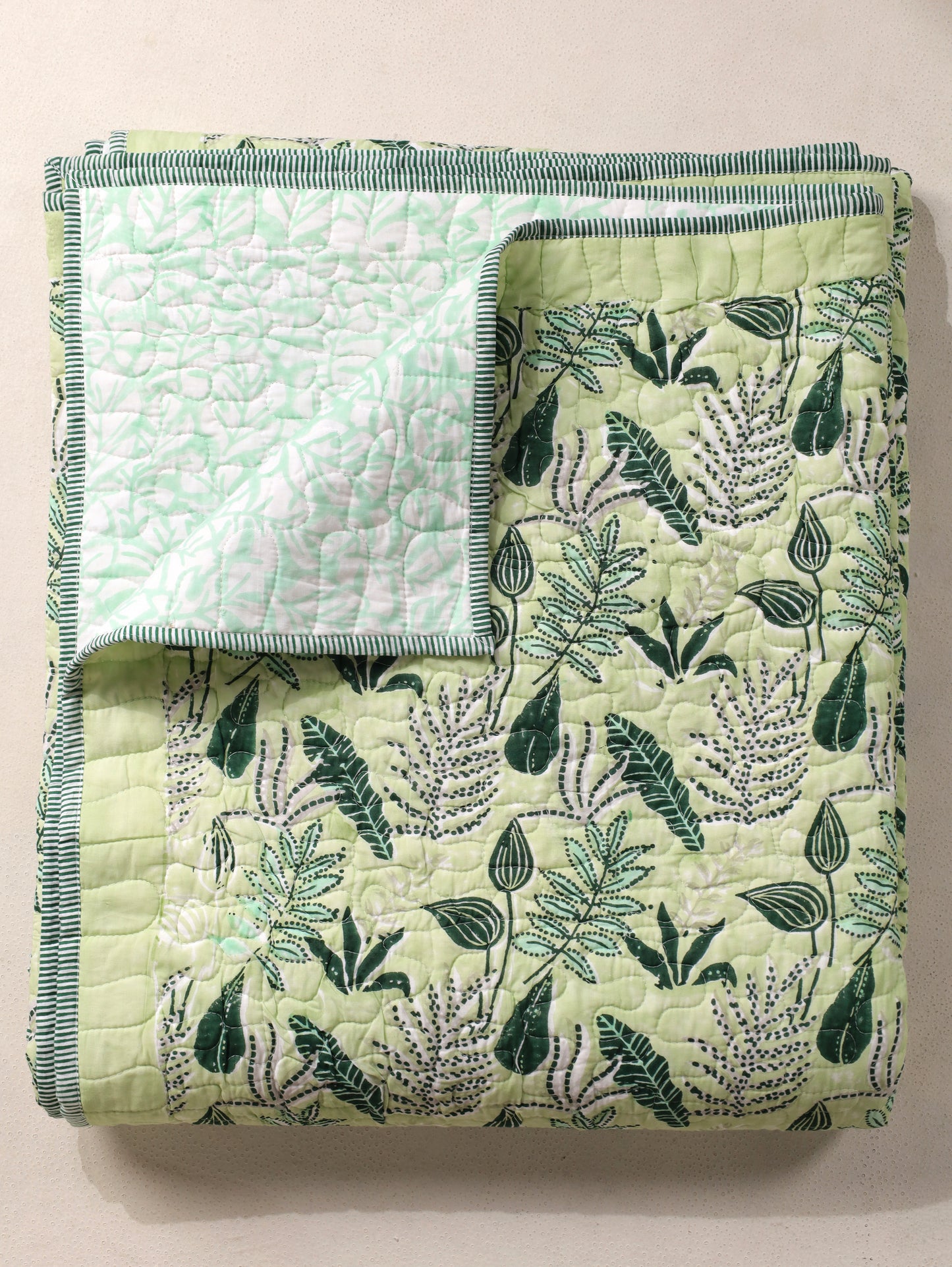 Green and grey forest garden mulmul quilt