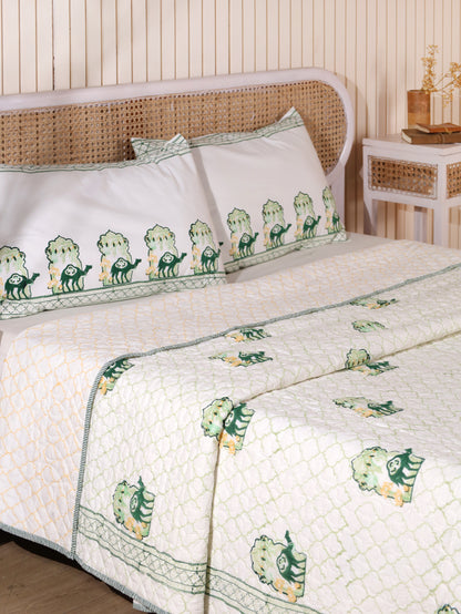 Green and yellow jharokha motif mulmul quilt