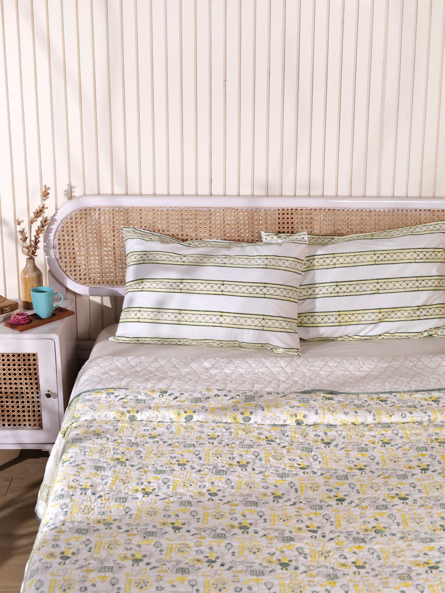 Grey green and yellow scattered ethnic mulmul quilt