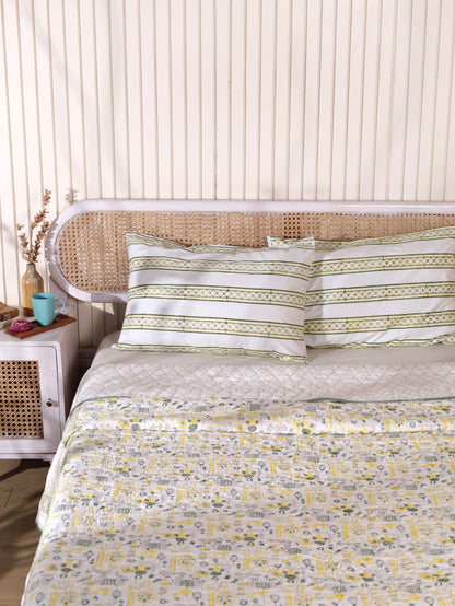 Grey green and yellow scattered ethnic mulmul quilt