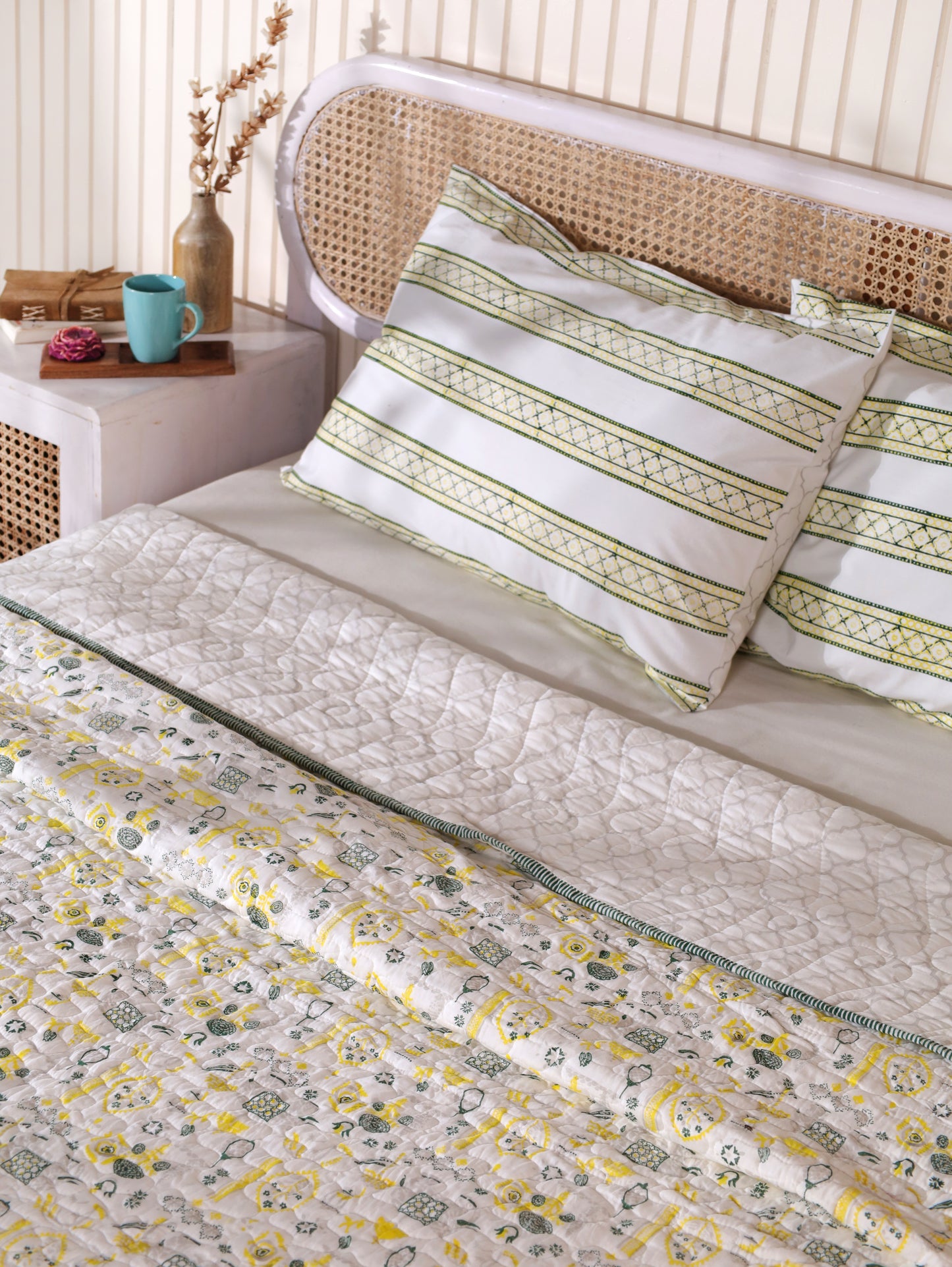 Grey green and yellow scattered ethnic mulmul quilt