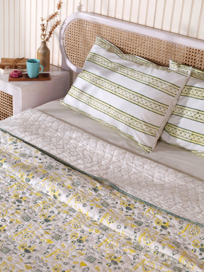 Grey green and yellow scattered ethnic mulmul quilt