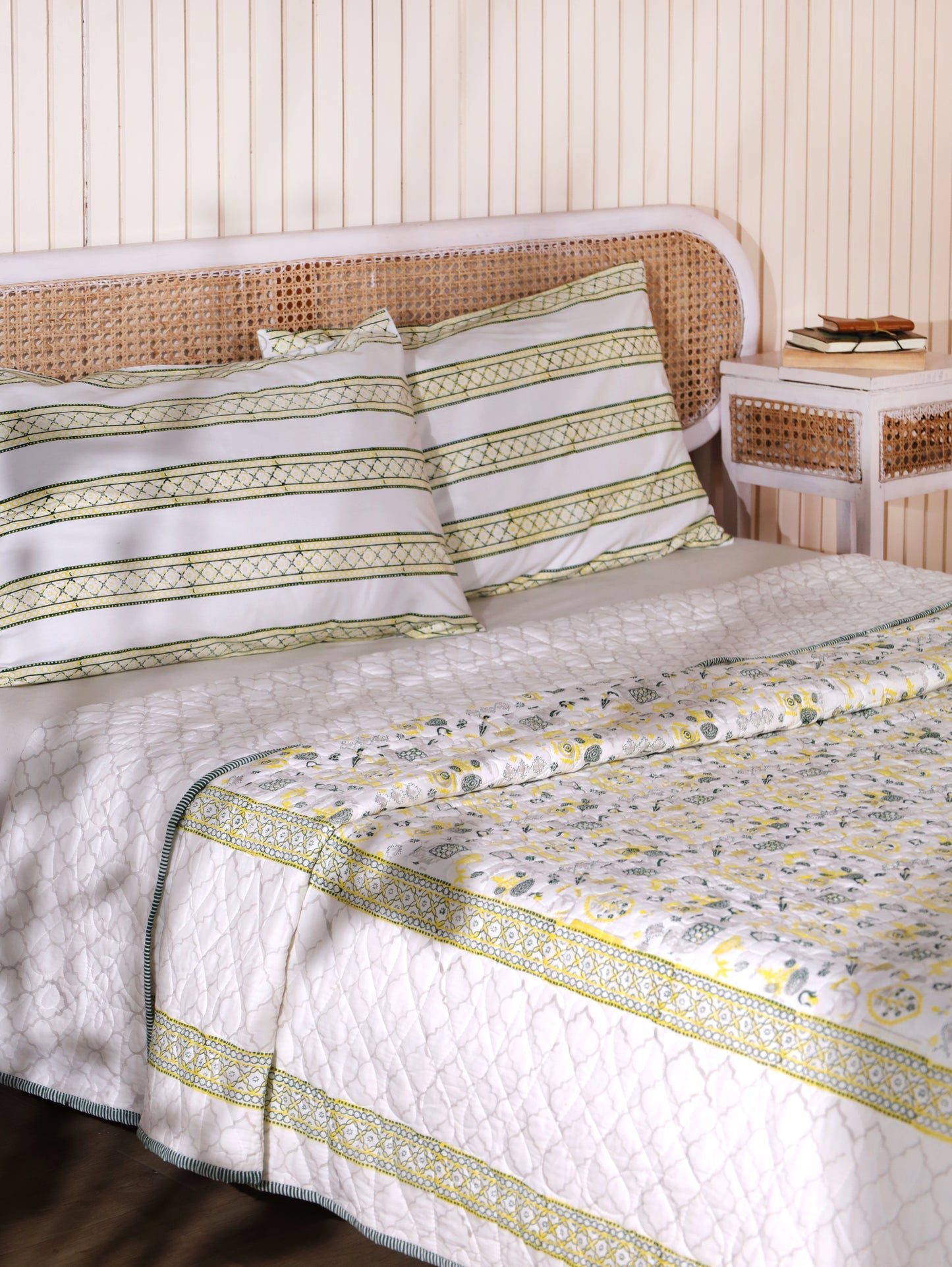 Grey green and yellow scattered ethnic mulmul quilt