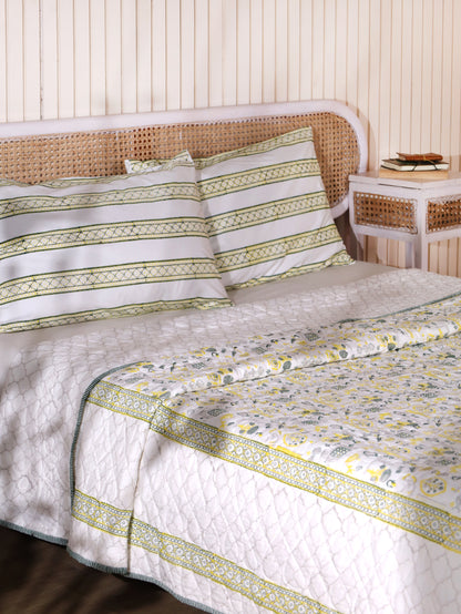 Grey green and yellow scattered ethnic mulmul quilt