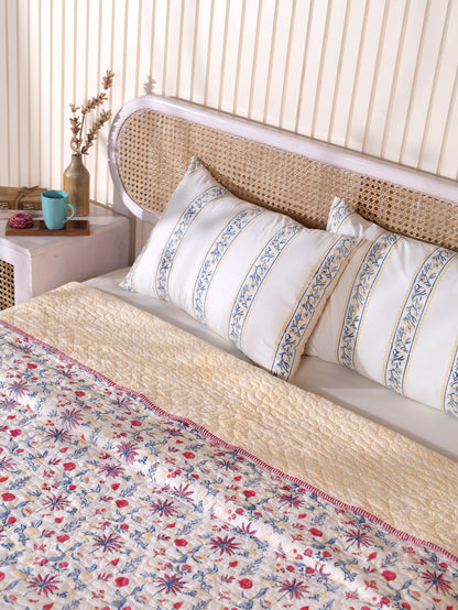 Magenta yellow and blue nariyal tree mulmul quilt (scattered floral)