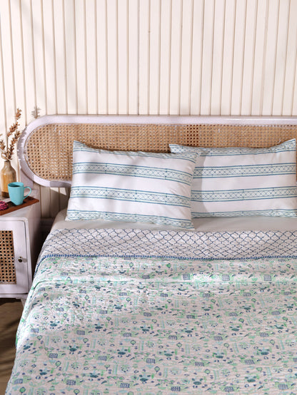 Blue and sea green scattered ethnic mulmul quilt