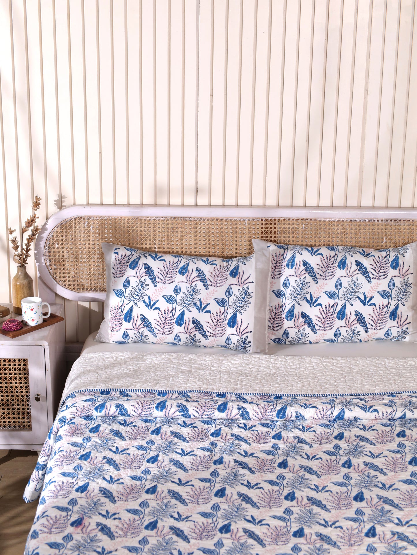 Blue and pink forest garden mulmul quilt