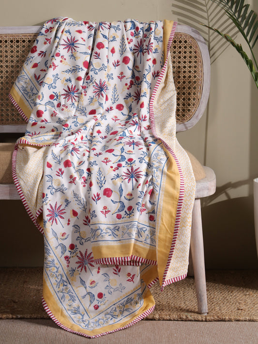 Magenta yellow and blue nariyal tree mulmul dohar (scattered floral)