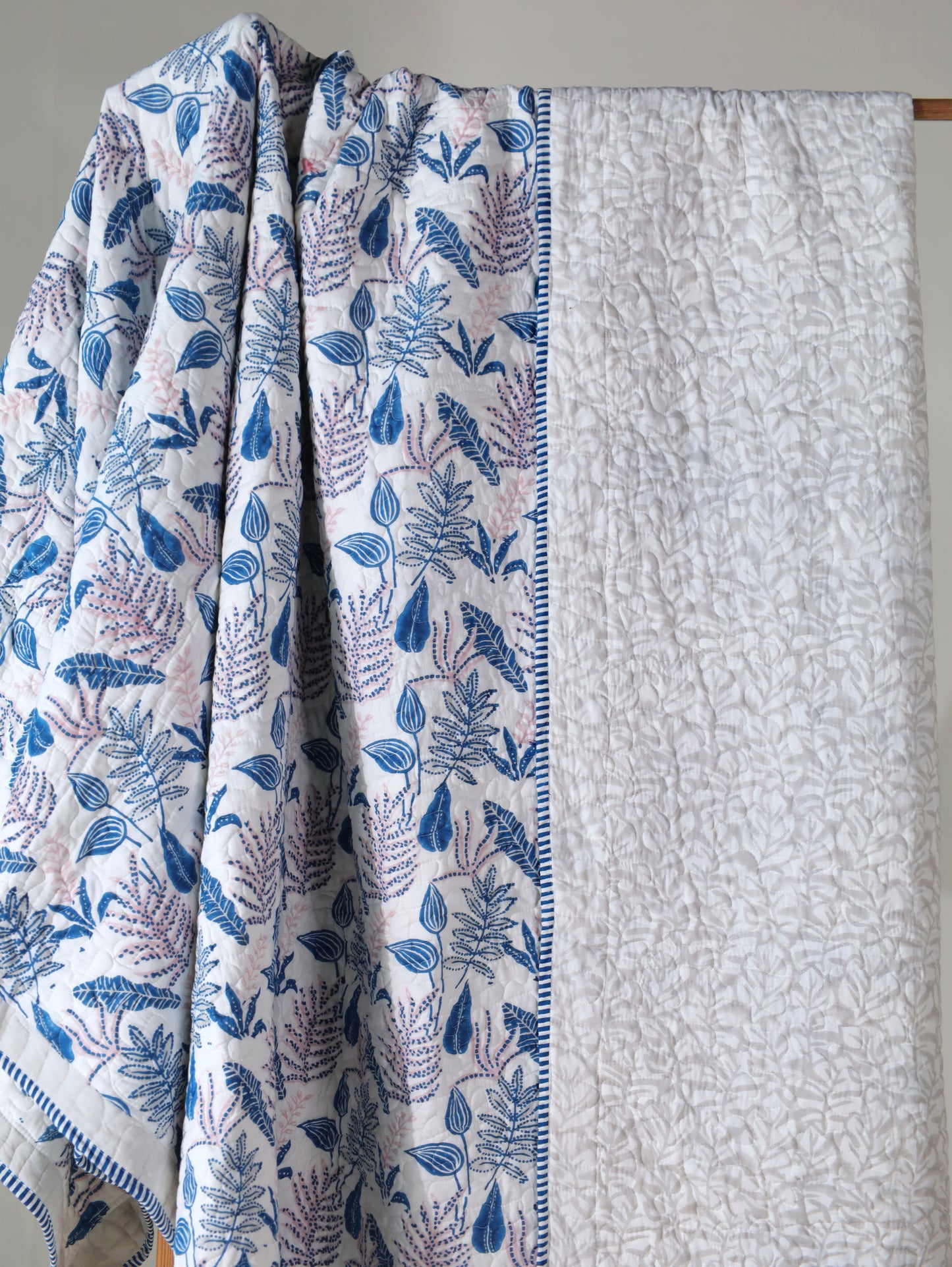 Blue and pink forest garden mulmul quilt