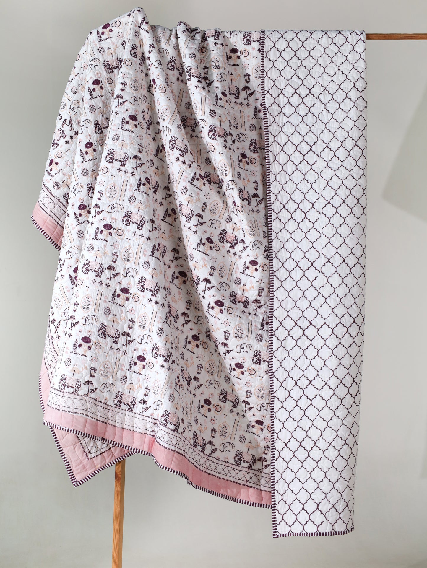 Lilac and maroon scattered ethnic mulmul quilt
