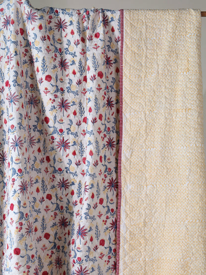 Magenta yellow and blue nariyal tree mulmul quilt (scattered floral)