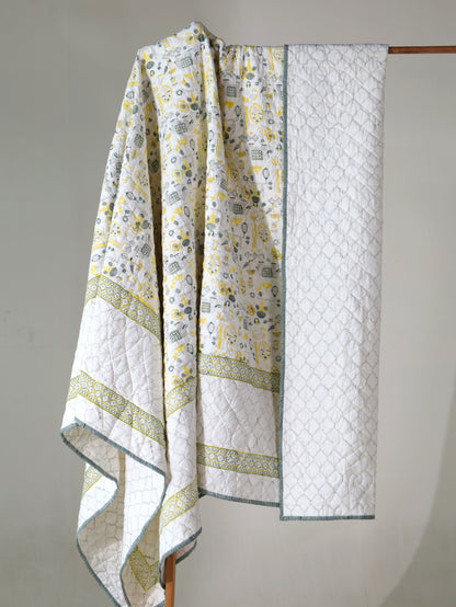 Grey green and yellow scattered ethnic mulmul quilt