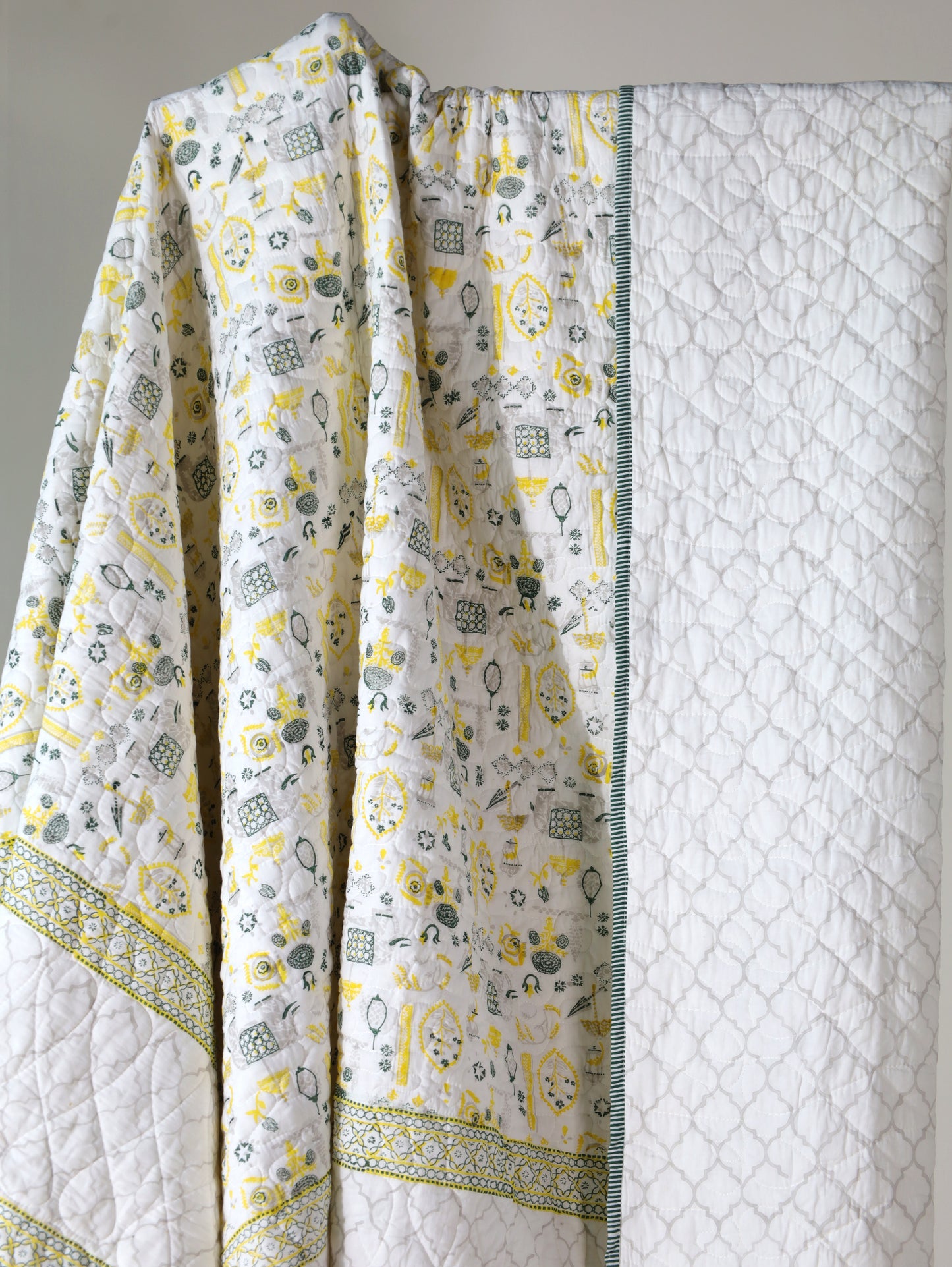 Grey green and yellow scattered ethnic mulmul quilt