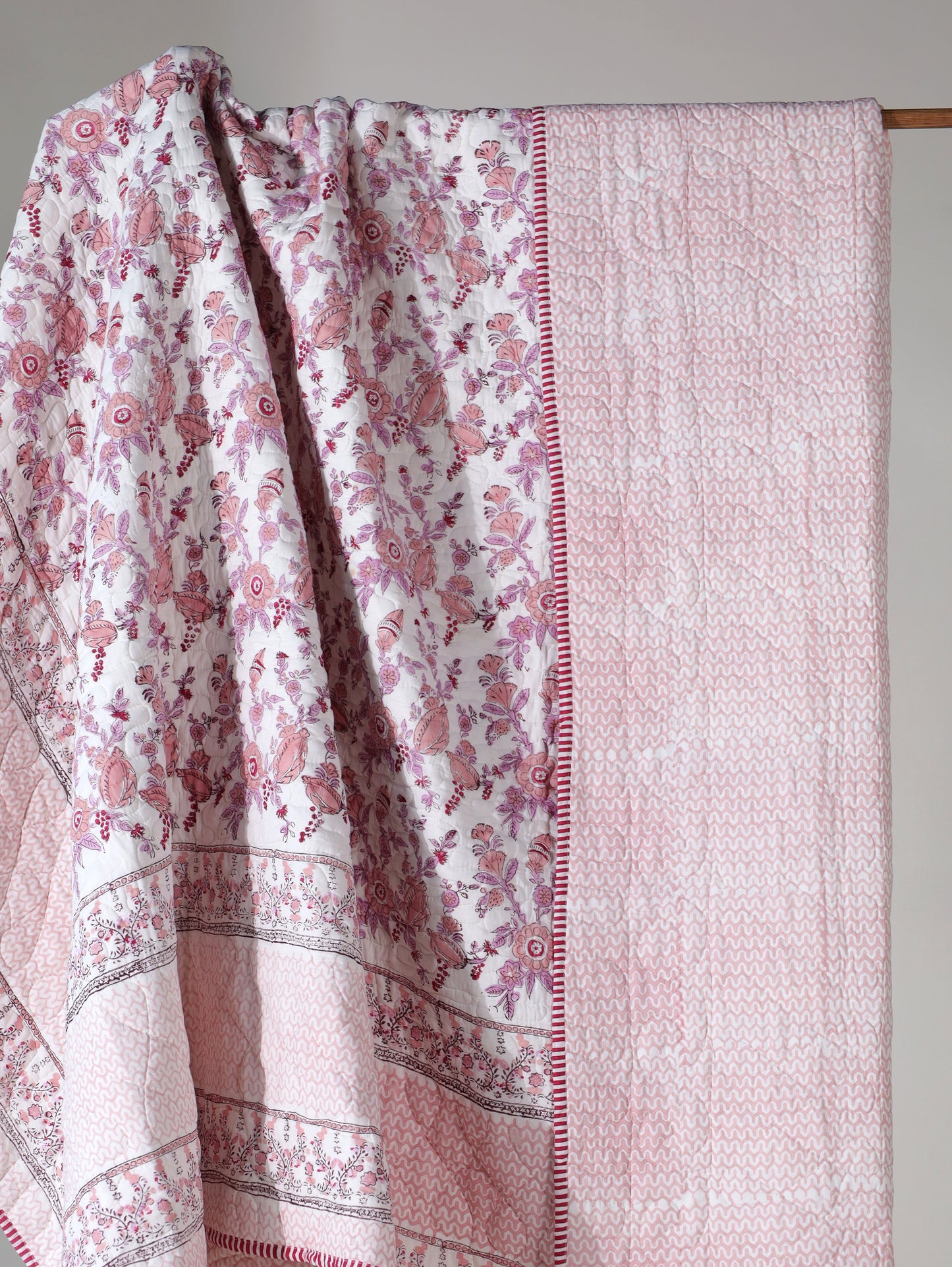 Lilac and maroon phal aur phool mulmul quilt