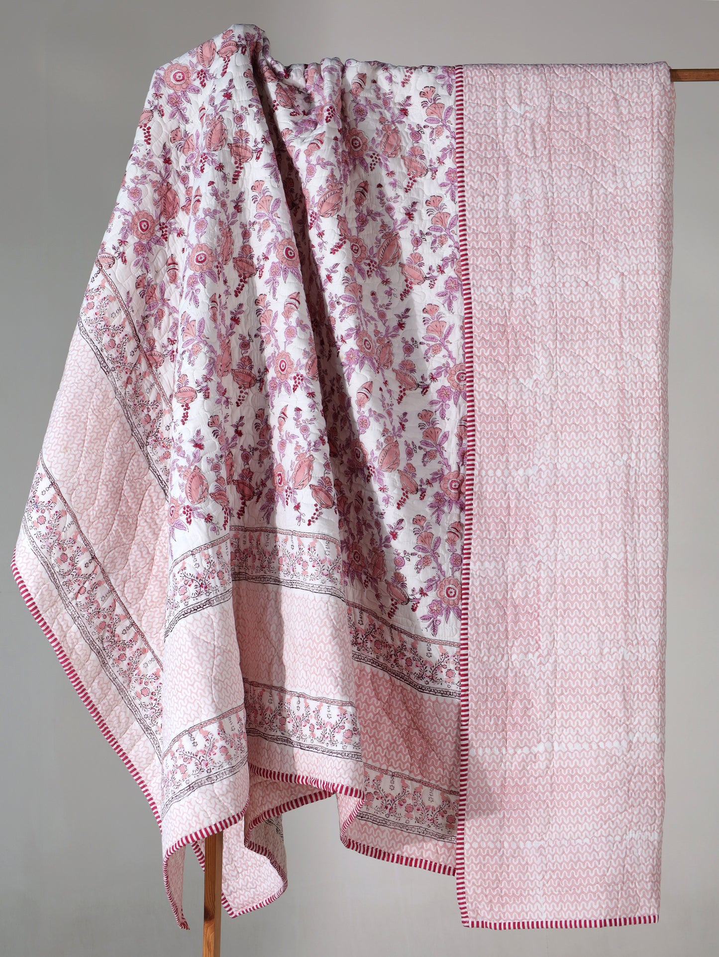 Lilac and maroon phal aur phool mulmul quilt