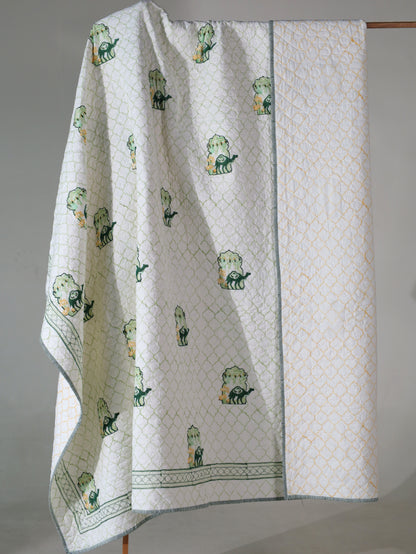 Green and yellow jharokha motif mulmul quilt