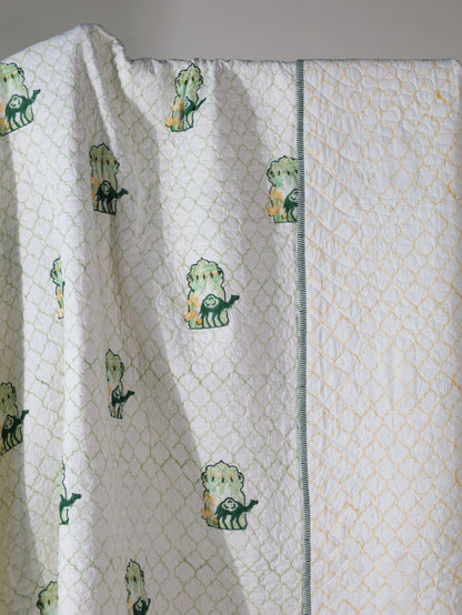 Green and yellow jharokha motif mulmul quilt