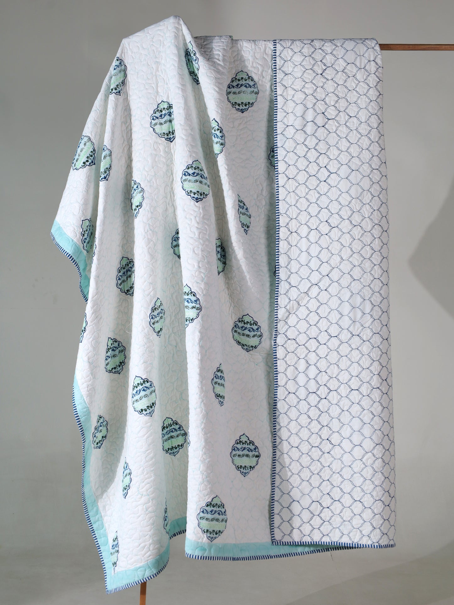 Blue and green heera jaal motif mulmul quilt