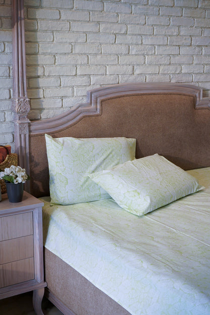 Lime green small lines leaves jaal fitted bedsheet set