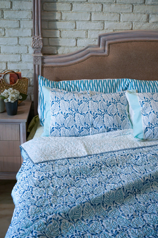 Turquoise and blue 2 colour matching motif mulmul quilt