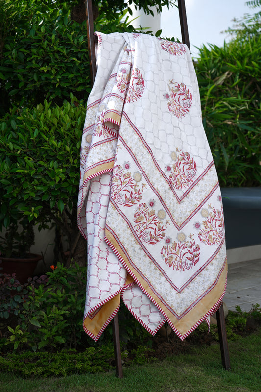 Red grey and yellow phool bagh motif mulmul dohar