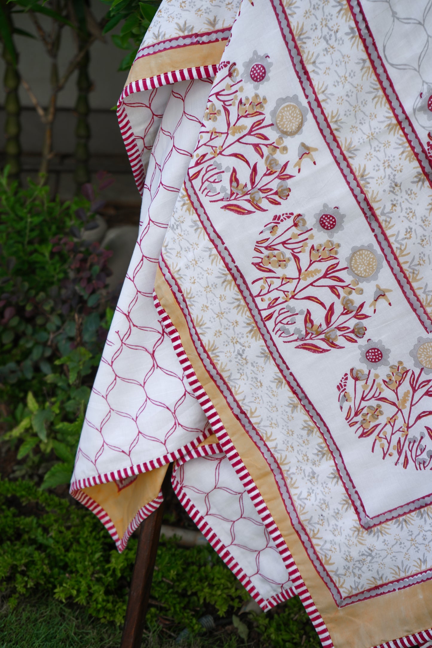 Red grey and yellow phool bagh motif mulmul dohar