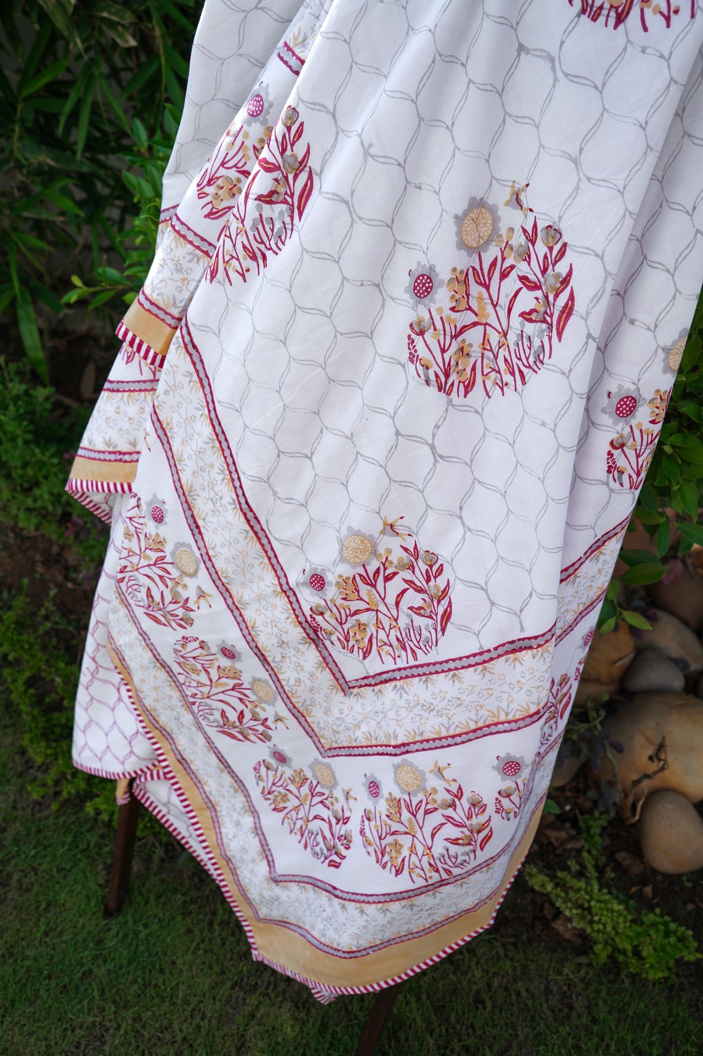Red grey and yellow phool bagh motif mulmul dohar