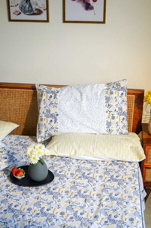 Blue grey and yellow kamal phool bedsheet set (floral jaal)