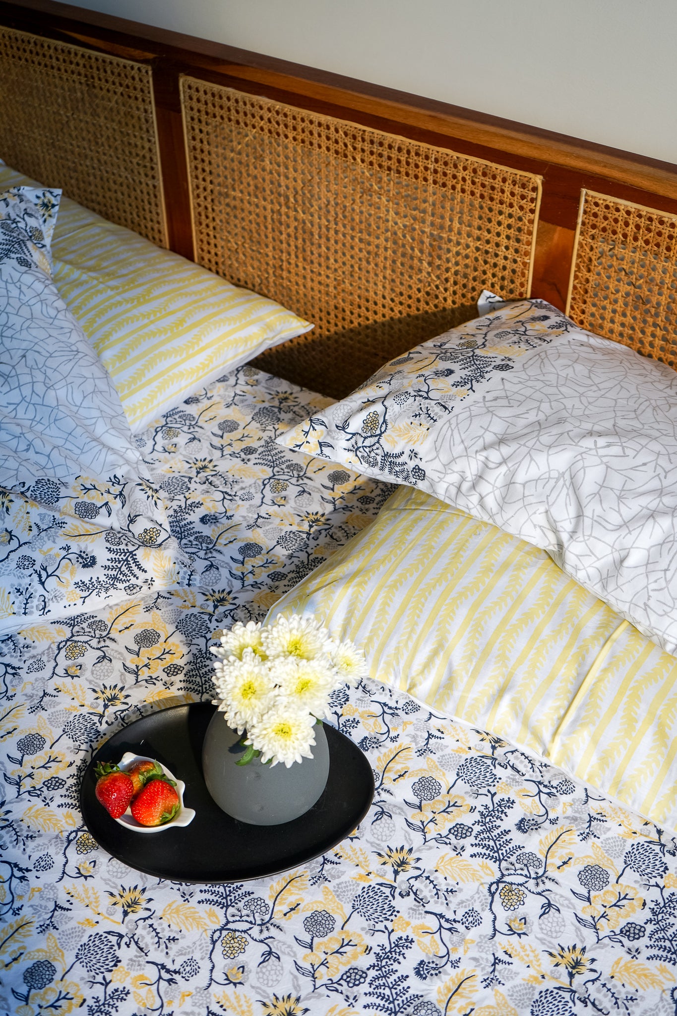 Blue grey and yellow kamal phool bedsheet set (floral jaal)