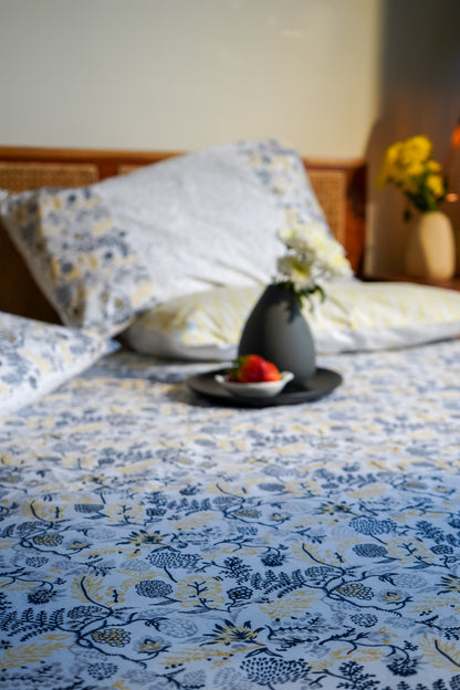 Blue grey and yellow kamal phool bedsheet set (floral jaal)