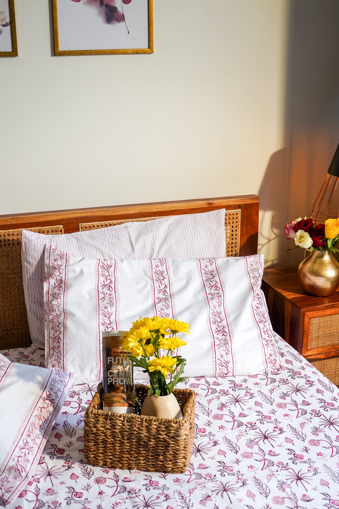 Magenta and maroon nariyal tree bedsheet set (scattered floral)
