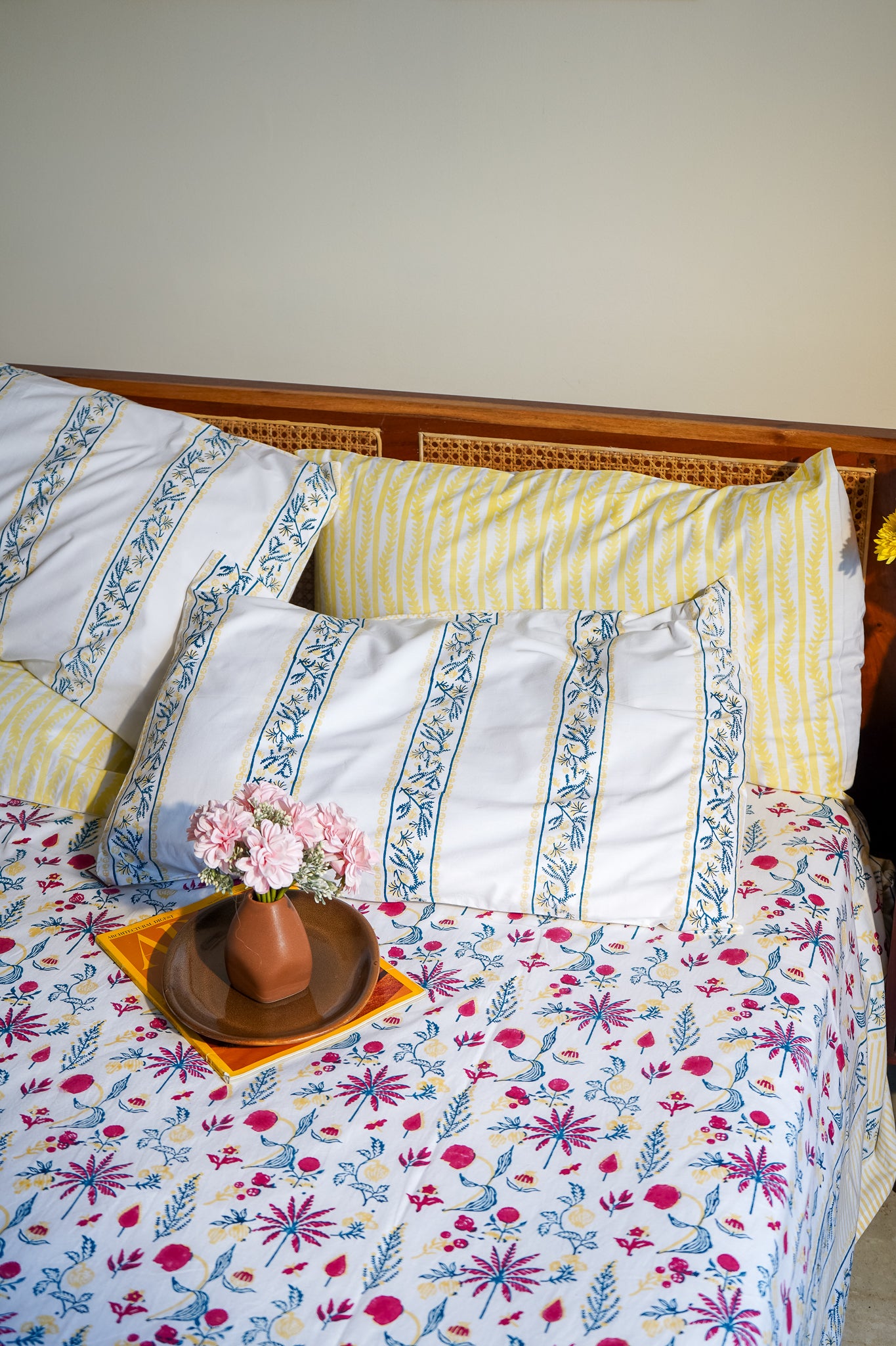 Magenta yellow and blue nariyal tree bedsheet set (scattered floral)