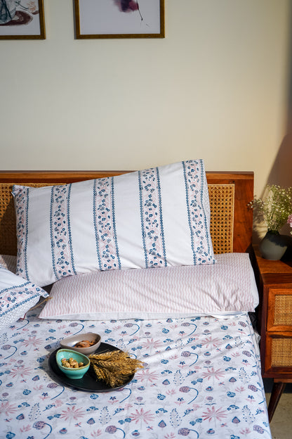 Pink blue and grey nariyal tree bedsheet set (scattered floral)