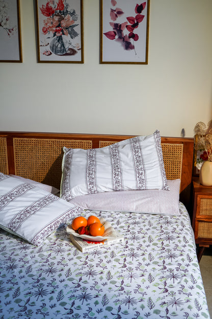 Parrot maroon and grey nariyal tree bedsheet set (scattered floral)
