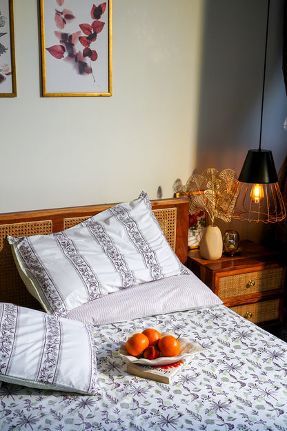 Parrot maroon and grey nariyal tree bedsheet set (scattered floral)