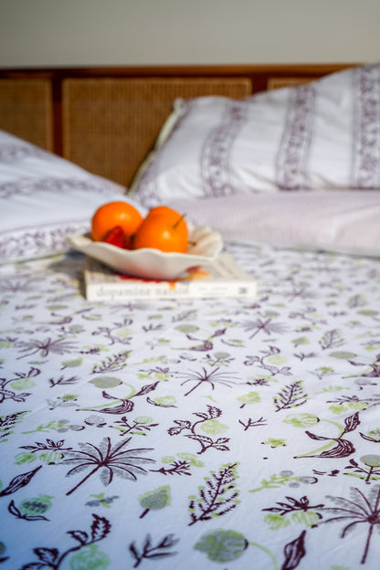 Parrot maroon and grey nariyal tree bedsheet set (scattered floral)