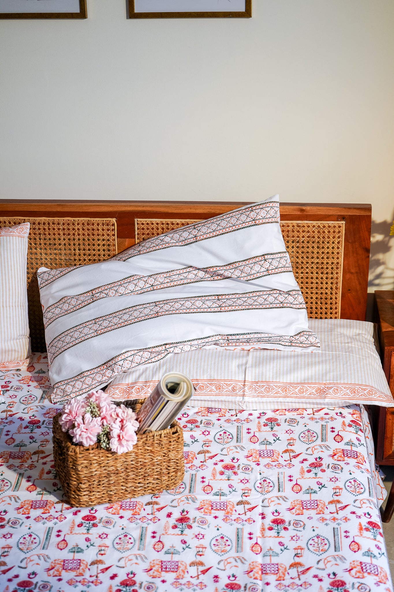 Magenta orange and green scattered ethnic bedsheet set