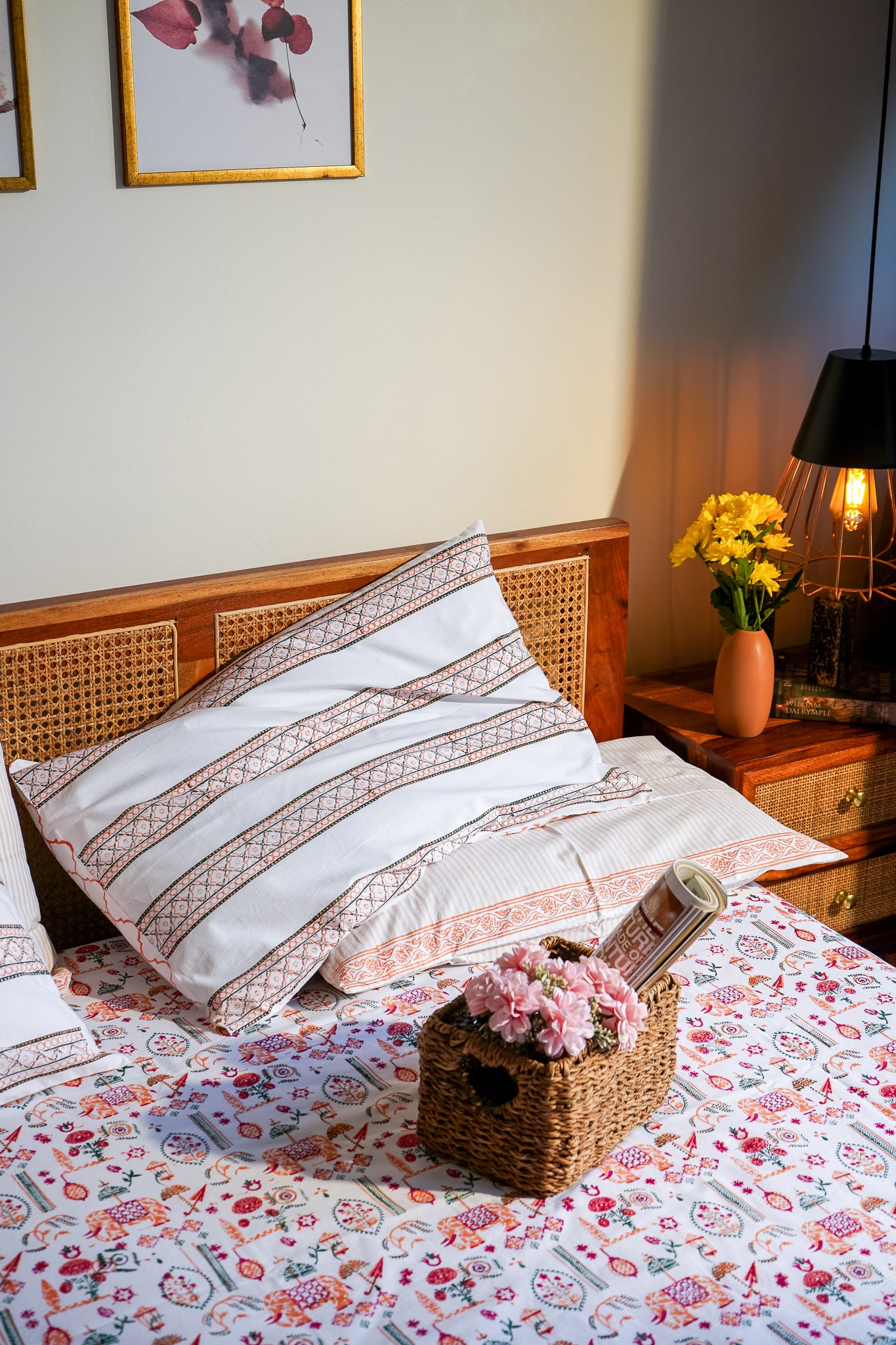 Magenta orange and green scattered ethnic bedsheet set