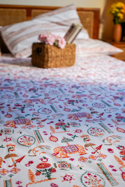 Magenta orange and green scattered ethnic bedsheet set