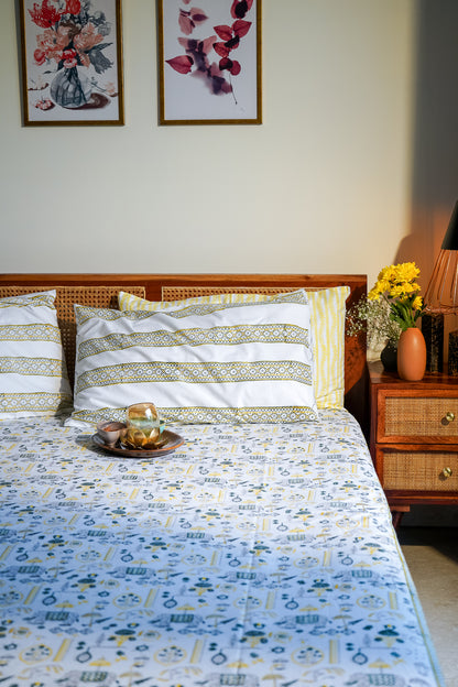 Grey green and yellow  scattered ethnic bedsheet set