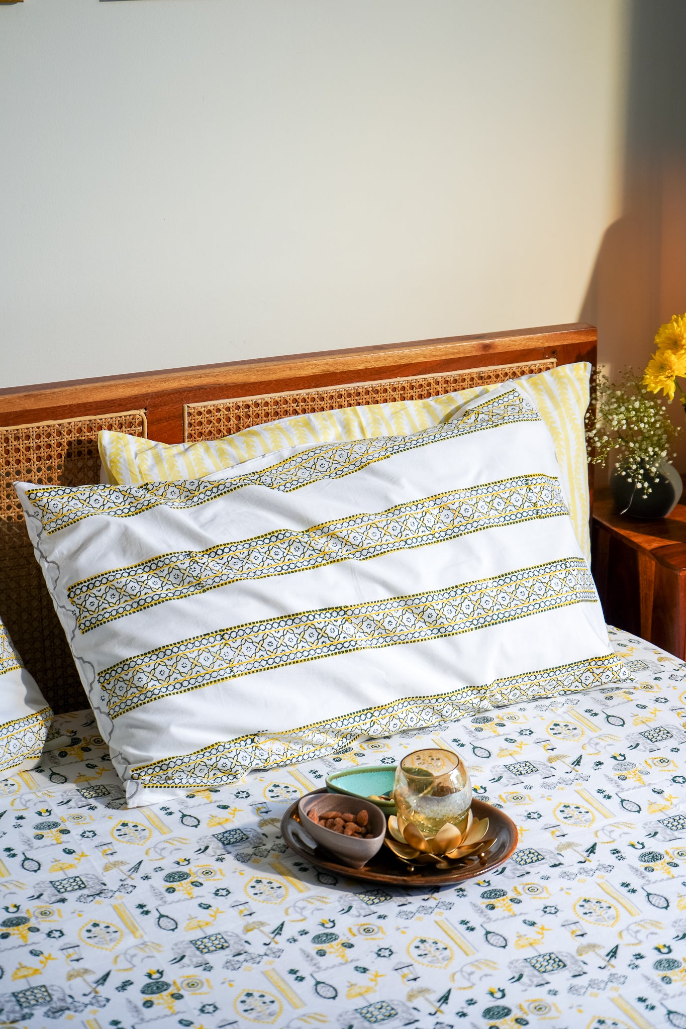 Grey green and yellow  scattered ethnic bedsheet set